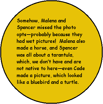 Oval: Somehow, Malena and Spencer missed the photo optsprobably because they had wet pictures!  Malena also made a horse, and Spencer was all about a tarantula,  which, we dont have and are not native to hereeven Cade made a picture, which looked like a bluebird and a turtle. 