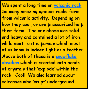 Text Box: We spent a long time on volcanic rock.  So many amazing igneous rocks form from volcanic activity.  Depending on how they cool, or are pressurized help them form.  The one above was solid and heavy and contained a lot of iron, while next to it is pumice which most of us know is indeed light as a feather.  Above both of these is a snowflake obsidian which is created with bands of crystals that ‘explode’ within the rock.  Cool!  We also learned about volcanoes who ‘erupt’ underground
