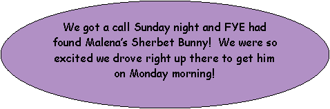 Oval: We got a call Sunday night and FYE had found Malena’s Sherbet Bunny!  We were so excited we drove right up there to get him on Monday morning!
