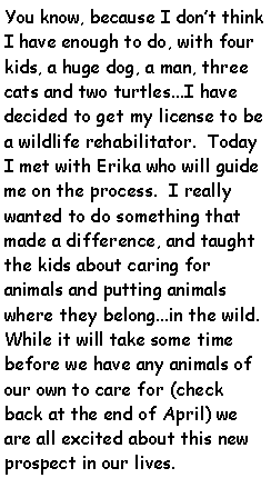 Text Box: You know, because I dont think I have enough to do, with four kids, a huge dog, a man, three cats and two turtles...I have decided to get my license to be a wildlife rehabilitator.  Today I met with Erika who will guide me on the process.  I really wanted to do something that made a difference, and taught the kids about caring for animals and putting animals where they belong...in the wild.  While it will take some time before we have any animals of our own to care for (check back at the end of April) we are all excited about this new prospect in our lives.  