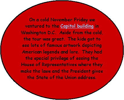 Oval: On a cold November Friday we ventured to the Capitol building in Washington D.C.  Aside from the cold, the tour was great.  The kids got to see lots of famous artwork depicting American legends and lore.  They had the special privilege of seeing the House of Representatives where they make the laws and the President gives the State of the Union address.