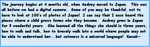 Text Box: The journey begins at 4 months old, when Audrey moved to Japan.  This was all before we had a digital camera.  Some of you may be thankful, not to have to look at 100s of photos of Japan!  I can say that I once heard the places where a child grows forms who they become.  Audrey grew in Japan for 3 wonderful years.  She learned all the things she should in three years, how to walk and talk, how to bravely walk into a world where people may not be able to understand her...but cuteness is a universal language!  Kawaii
