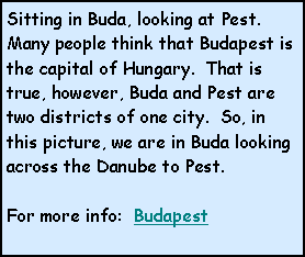 Text Box: Sitting in Buda, looking at Pest.  Many people think that Budapest is the capital of Hungary.  That is true, however, Buda and Pest are two districts of one city.  So, in this picture, we are in Buda looking across the Danube to Pest.For more info:  Budapest