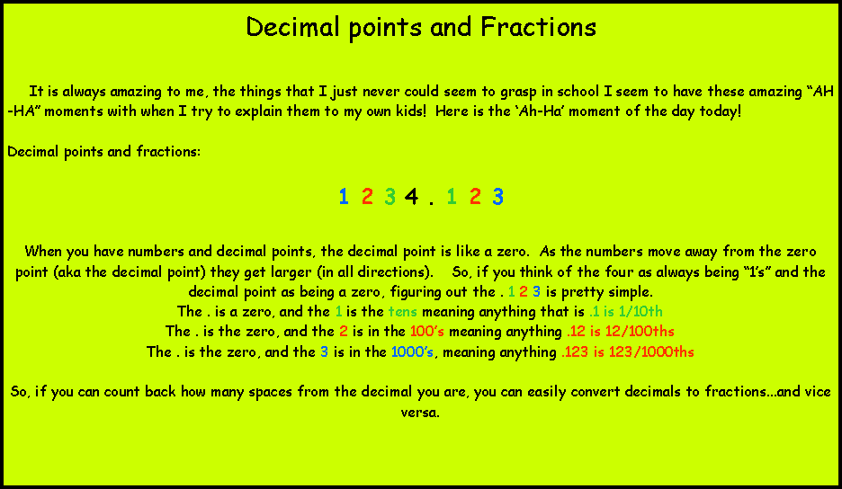 Text Box: Decimal points and Fractions     It is always amazing to me, the things that I just never could seem to grasp in school I seem to have these amazing AH-HA moments with when I try to explain them to my own kids!  Here is the Ah-Ha moment of the day today!Decimal points and fractions:1 2 3 4 . 1 2 3 When you have numbers and decimal points, the decimal point is like a zero.  As the numbers move away from the zero point (aka the decimal point) they get larger (in all directions).    So, if you think of the four as always being 1s and the decimal point as being a zero, figuring out the . 1 2 3 is pretty simple.  The . is a zero, and the 1 is the tens meaning anything that is .1 is 1/10thThe . is the zero, and the 2 is in the 100s meaning anything .12 is 12/100thsThe . is the zero, and the 3 is in the 1000s, meaning anything .123 is 123/1000thsSo, if you can count back how many spaces from the decimal you are, you can easily convert decimals to fractions...and vice versa.