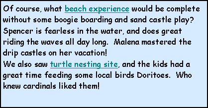 Text Box: Of course, what beach experience would be complete without some boogie boarding and sand castle play?  Spencer is fearless in the water, and does great riding the waves all day long.  Malena mastered the drip castles on her vacation!  We also saw turtle nesting site, and the kids had a great time feeding some local birds Doritoes.  Who knew cardinals liked them!  