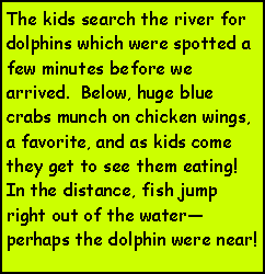 Text Box: The kids search the river for dolphins which were spotted a few minutes before we arrived.  Below, huge blue crabs munch on chicken wings, a favorite, and as kids come they get to see them eating!  In the distance, fish jump right out of the waterperhaps the dolphin were near!