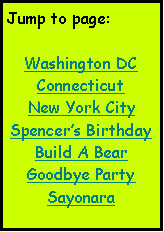Text Box: Jump to page:Washington DCConnecticutNew York CitySpencers BirthdayBuild A BearGoodbye PartySayonara 