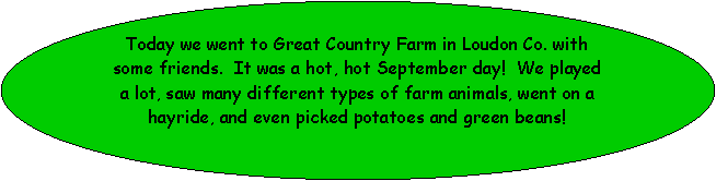 Oval: Today we went to Great Country Farm in Loudon Co. with some friends.  It was a hot, hot September day!  We played a lot, saw many different types of farm animals, went on a hayride, and even picked potatoes and green beans!  