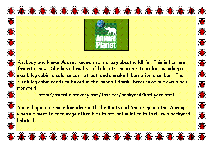 Text Box: ￼Anybody who knows Audrey knows she is crazy about wildlife.  This is her new favorite show.  She has a long list of habitats she wants to make...including a skunk log cabin, a salamander retreat, and a snake hibernation chamber.  The skunk log cabin needs to be out in the woods I think...because of our own black monster!http://animal.discovery.com/fansites/backyard/backyard.html She is hoping to share her ideas with the Roots and Shoots group this Spring when we meet to encourage other kids to attract wildlife to their own backyard habitat!