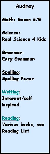 Text Box: AudreyMath: Saxon 6/5
Science:Real Science 4 KidsGrammar:Easy GrammarSpelling:Spelling PowerWriting:Internet/self inspiredReading: Various books, see Reading List