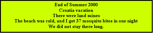 Text Box: End of Summer 2000Croatia vacationThere were land minesThe beach was cold, and I got 37 mosquito bites in one nightWe did not stay there long.
