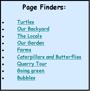 Text Box: Page Finders:TurtlesOur BackyardThe LocalsOur GardenFarmsCaterpillars and ButterfliesQuarry TourGoing greenBubbles