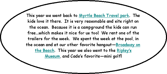 Oval: This year we went back to Myrtle Beach Travel park.  The kids love it there.  It is very reasonable and sits right on the ocean.  Because it is a campground the kids can run free...which makes it nice for us too!  We rent one of the trailers for the week.  We spent the week at the pool, in the ocean and at our other favorite hangoutBroadway on the Beach.  This year we also went to the Ripleys Museum, and Cades favoritemini golf!  