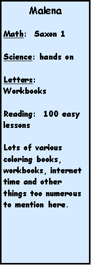 Text Box: MalenaMath:  Saxon 1Science: hands onLetters: WorkbooksReading:  100 easy lessonsLots of various coloring books, workbooks, internet time and other things too numerous to mention here.
