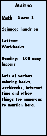 Text Box: Malena

Math:  Saxon 1

Science: hands on

Letters: 
Workbooks

Reading:  100 easy lessons

Lots of various coloring books, workbooks, internet time and other things too numerous to mention here.
