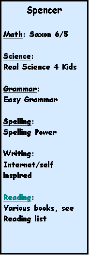 Text Box: Spencer

Math: Saxon 6/5

Science:
Real Science 4 Kids

Grammar:
Easy Grammar

Spelling:
Spelling Power

Writing:
Internet/self inspired

Reading:
Various books, see Reading list
