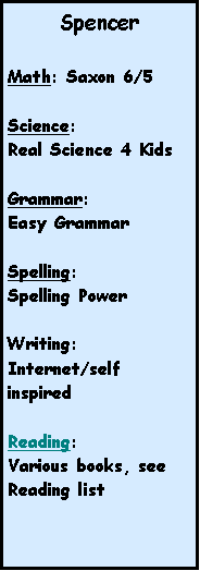 Text Box: SpencerMath: Saxon 6/5Science:Real Science 4 KidsGrammar:Easy GrammarSpelling:Spelling PowerWriting:Internet/self inspiredReading:Various books, see Reading list