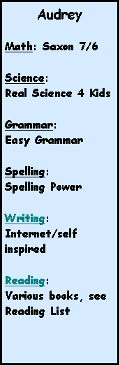 Text Box: Audrey

Math: Saxon 7/6
Science:
Real Science 4 Kids

Grammar:
Easy Grammar

Spelling:
Spelling Power

Writing:
Internet/self inspired

Reading: 
Various books, see Reading List
